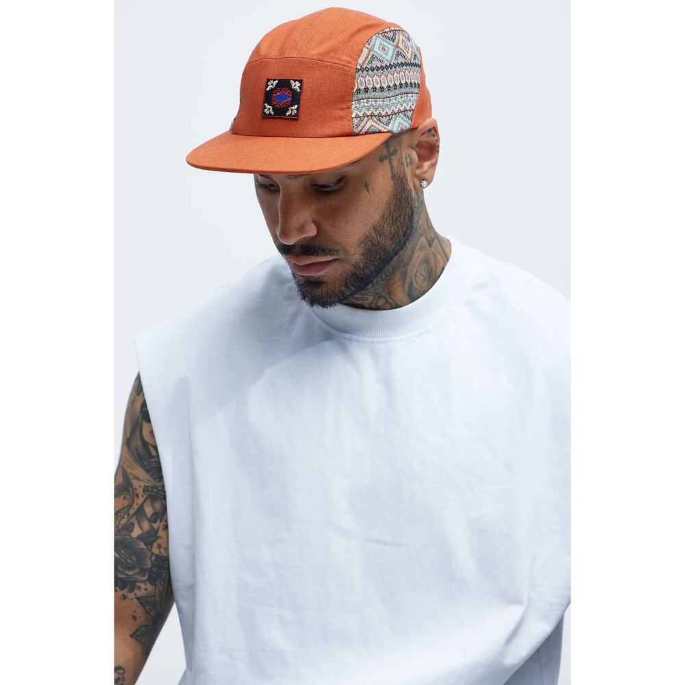 Orange Patterned 5-Panel Camper Cap with Embroidered Patch - Picture 3 of 4